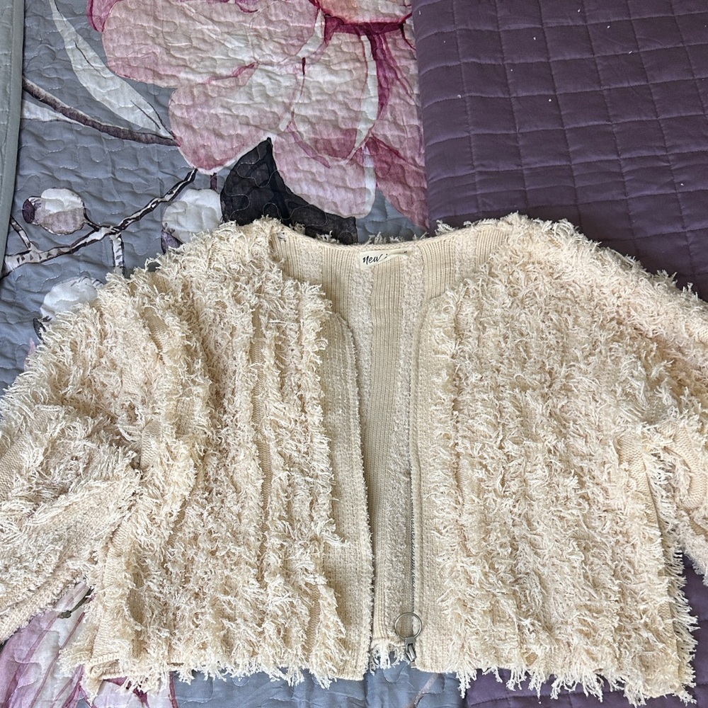 Neutral Cream Teddy Jacket with Fringe Texture - Women’s